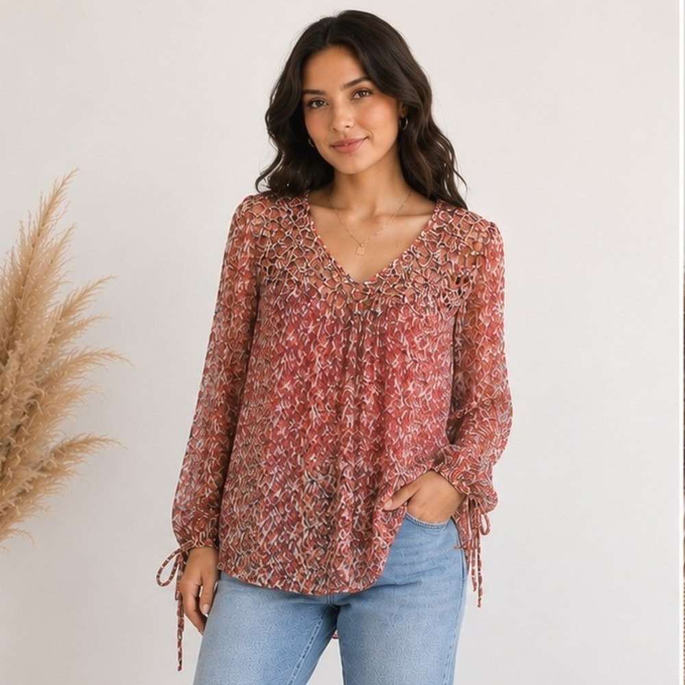 ELIE TAHARI Silk Chiffon Crochet Bodice Long Tie Sleeve Blouse Red Sz M